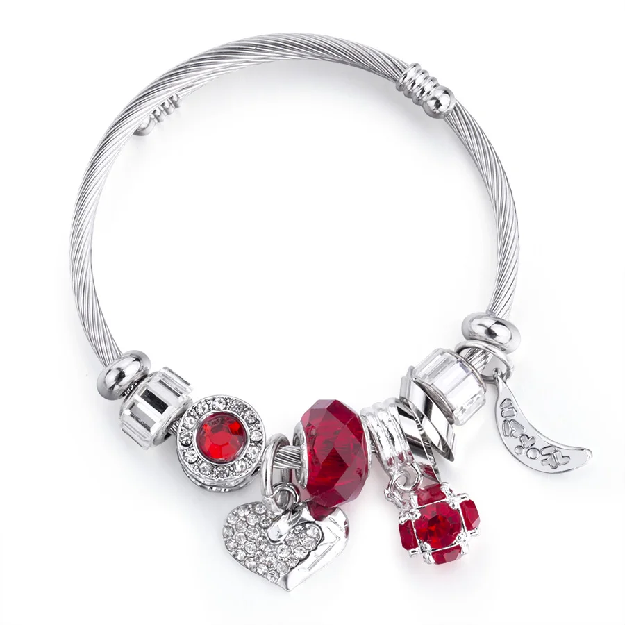 Red-Heart Ball Очаровательный женский браслет, серебряная цепочка, красные губы, большое сердце, кристалл, бусина, женские браслеты-манжеты и браслеты, ювелирное изделие, подарок на день Святого Валентина - Окраска металла: Red-Heart Ball