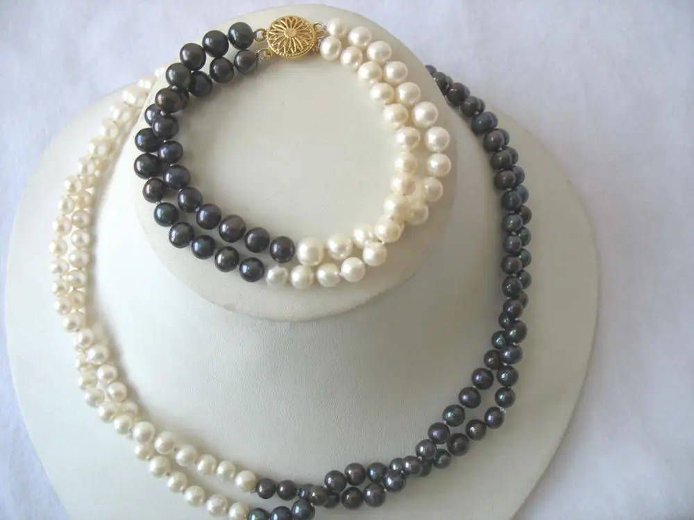 

2rows Freshwater Pearl black white near round 6-7mm 18inch necklace bracelet wholesale nature beads FPPJ Gift