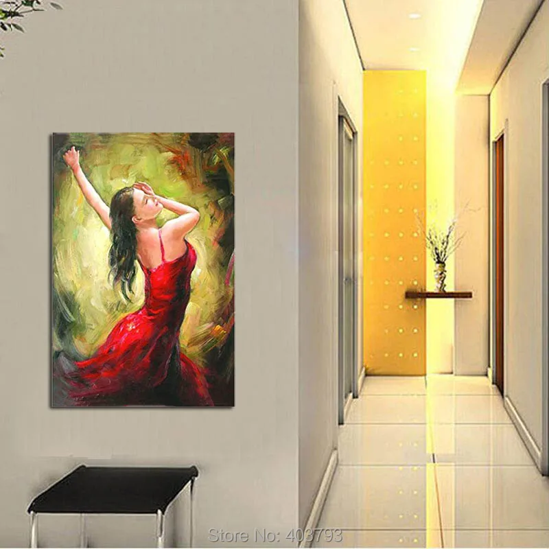 100% ручная роспись в красном платье танцующая женщина холст картина маслом для