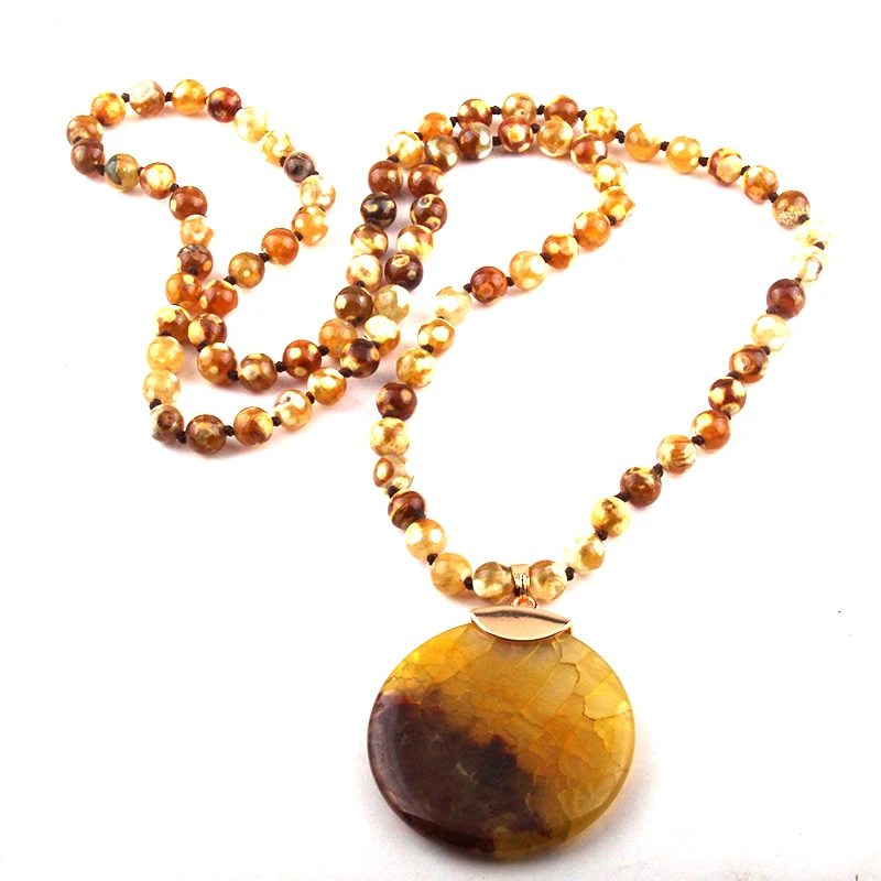 

MOODPC Fashion Bohemian Jewelry Yelloy Agat Stones Knotted Round Stone Pendant Necklaces For Ethnic Necklace