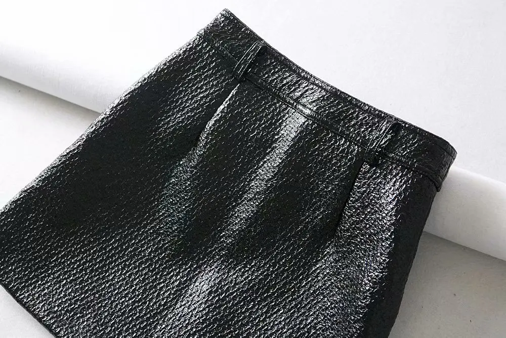 Высокая Талия Тонкий PU черные юбки Для женщин high Street Искусственная кожа кольцо Молния Fly Мини-юбки девочек Jupe Femme блестками Faldas