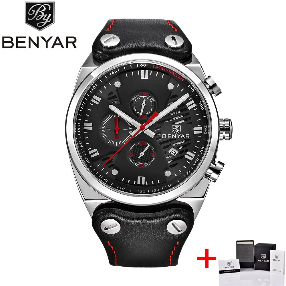 black silver red BENYAR спортивные часы с большим циферблатом, мужские водонепроницаемые уличные военные часы с хронографом, кварцевые часы с кожаным ремешком, армейские мужские часы, мужские часы - Цвет: black silver red