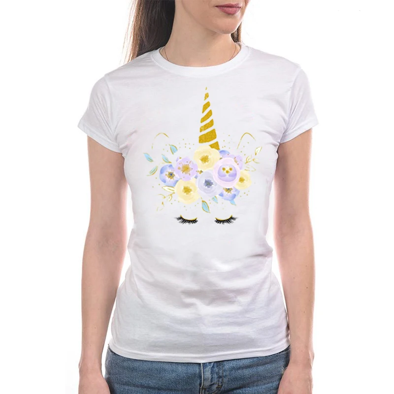 Футболка LUSLOS женская с единорогом повседневная тенниска принтом ресниц коротким