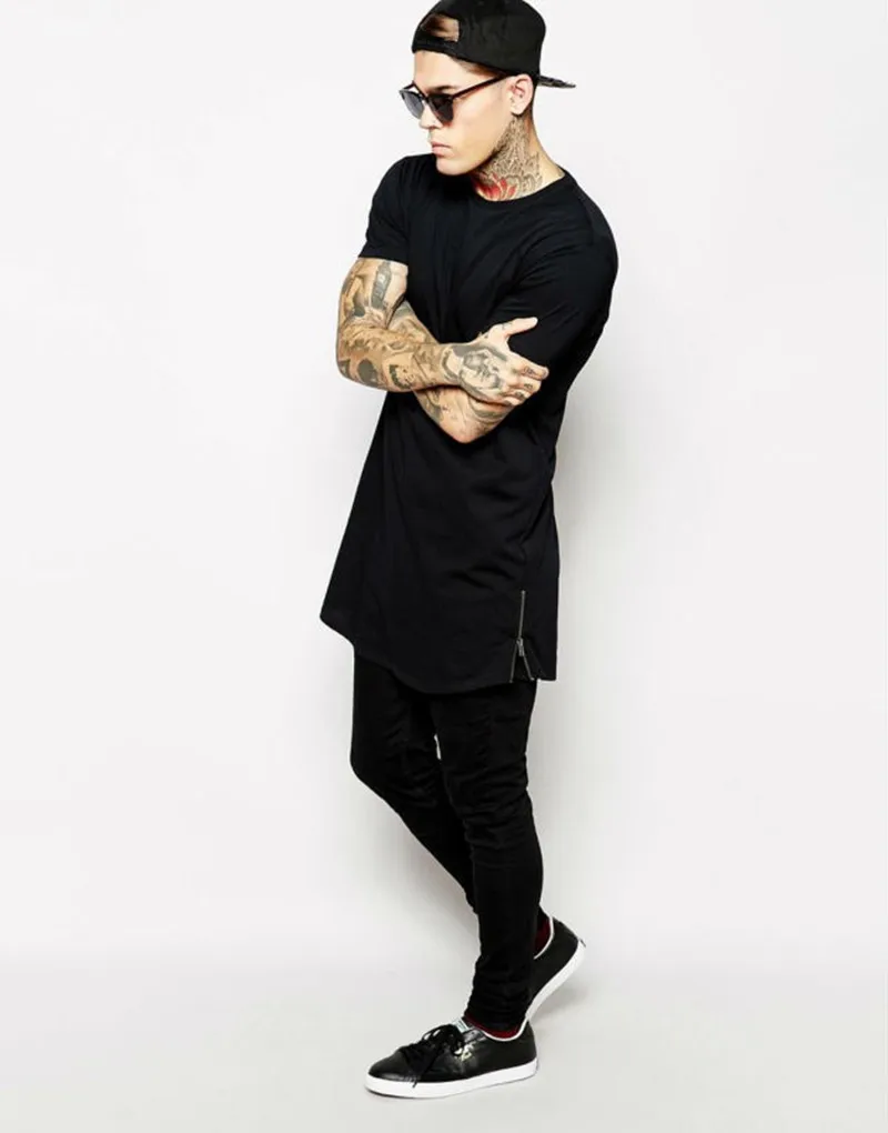 Мужская удлиненная футболка уличная одежда черная в стиле хип-хоп очень длинная