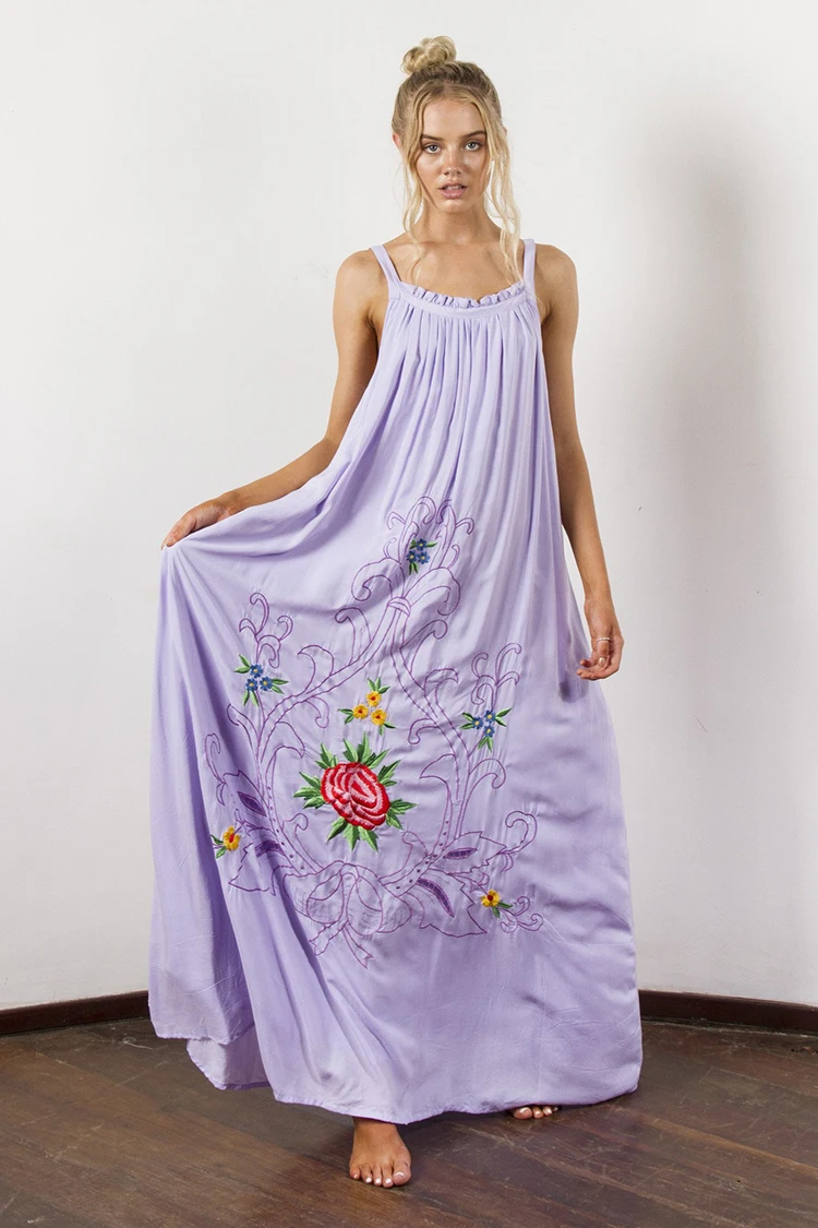 

2021 Women's Floral Embroidery Long Dress V-neck Strapless Summer Maxi Dress Backless Cotton Dress Oversized Boho Dress Chic