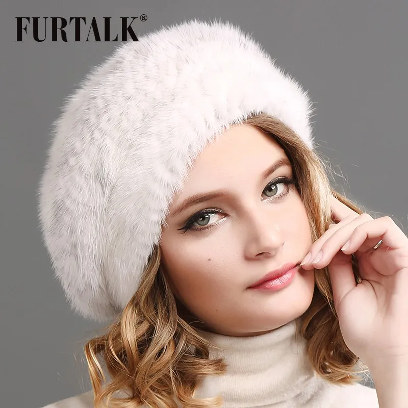 FURTALK, зимний меховой берет для женщин, теплый натуральный мех норки, шапка с помпоном для девушек, мягкая шапка бини для женщин, черный, красный цвет