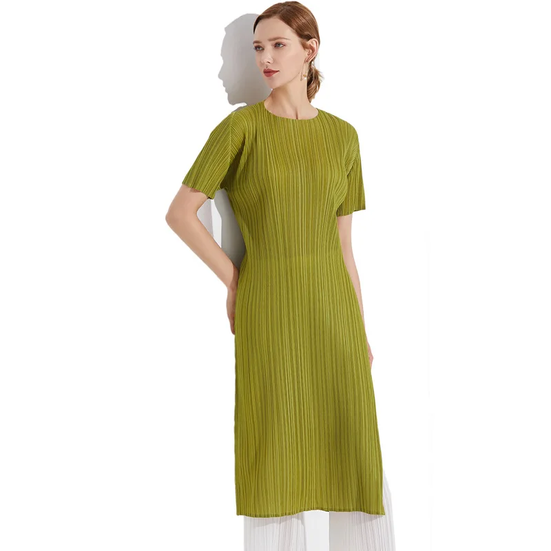 

summer new European and American women's round neck short sleeve folds personality split cool dress A-line pleats dresses