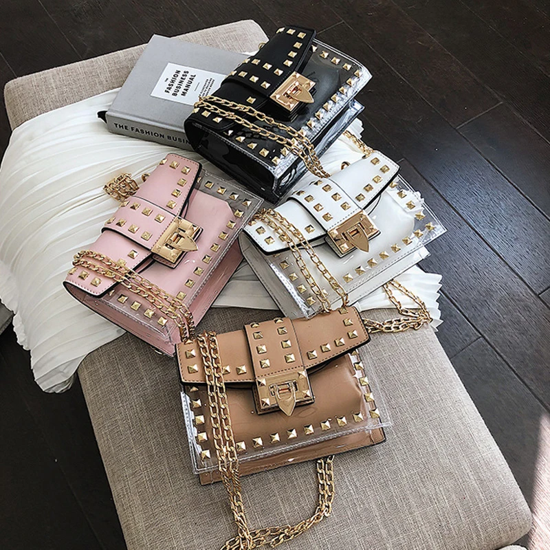 

Clear Transparent PVC Shoulder Bags Women Candy Color Women Jelly Bags Purse Solid Color Handbags Female Rivets Crossbody Bag