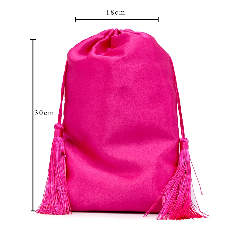 18x30cm Blank hot pink virgin hair extension packaging satin silk bag with luxury tassels gift bundles packing bags | Дом и сад