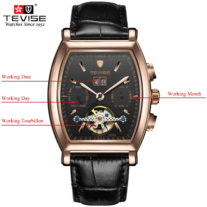 black rose gold TEVISE Мужские автоматические часы Tonneau с циферблатом стимпанк Tourbillon часы Механические самовздувающиеся кожаные Наручные часы с календарем 8383B - Цвет: black rose gold