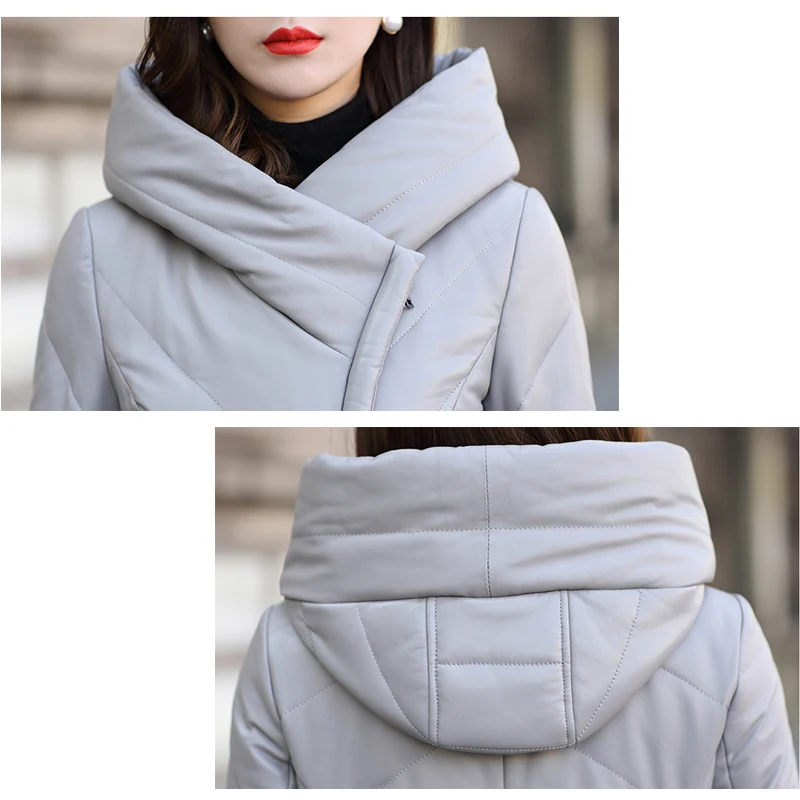 

Plus Size Real Sheepskin Coats Genuine Leather Hooded Down Jackets Winter Women Long Jacket Genuine Leather Coats Outwear LL2018