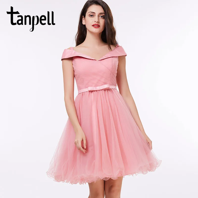 

Tanpell off the shoulder cocktail dress pink A-line knee length sashes dress cheap graduation party black short cocktail dresses