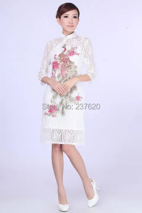 Free shipping Peacock qipao chinese women's Lace cheongsam traditional dress Qipao short 3 color E0014 |