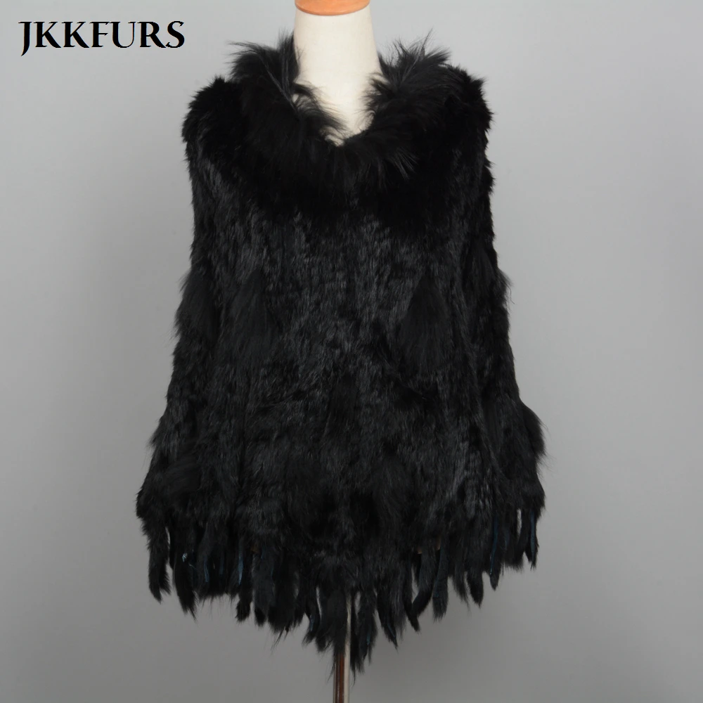 JKKFURS пончо из натурального кроличьего меха женский воротник енота накидки с