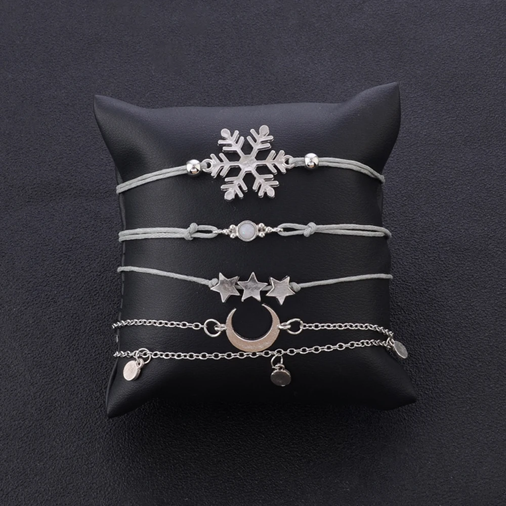 5 Pcs/Set Trend Bangle Snowflake Gems Star Crescent Wafer Chain Bracelet Set Women Exquisite Jewelry Party Accessories Gifts | Украшения и