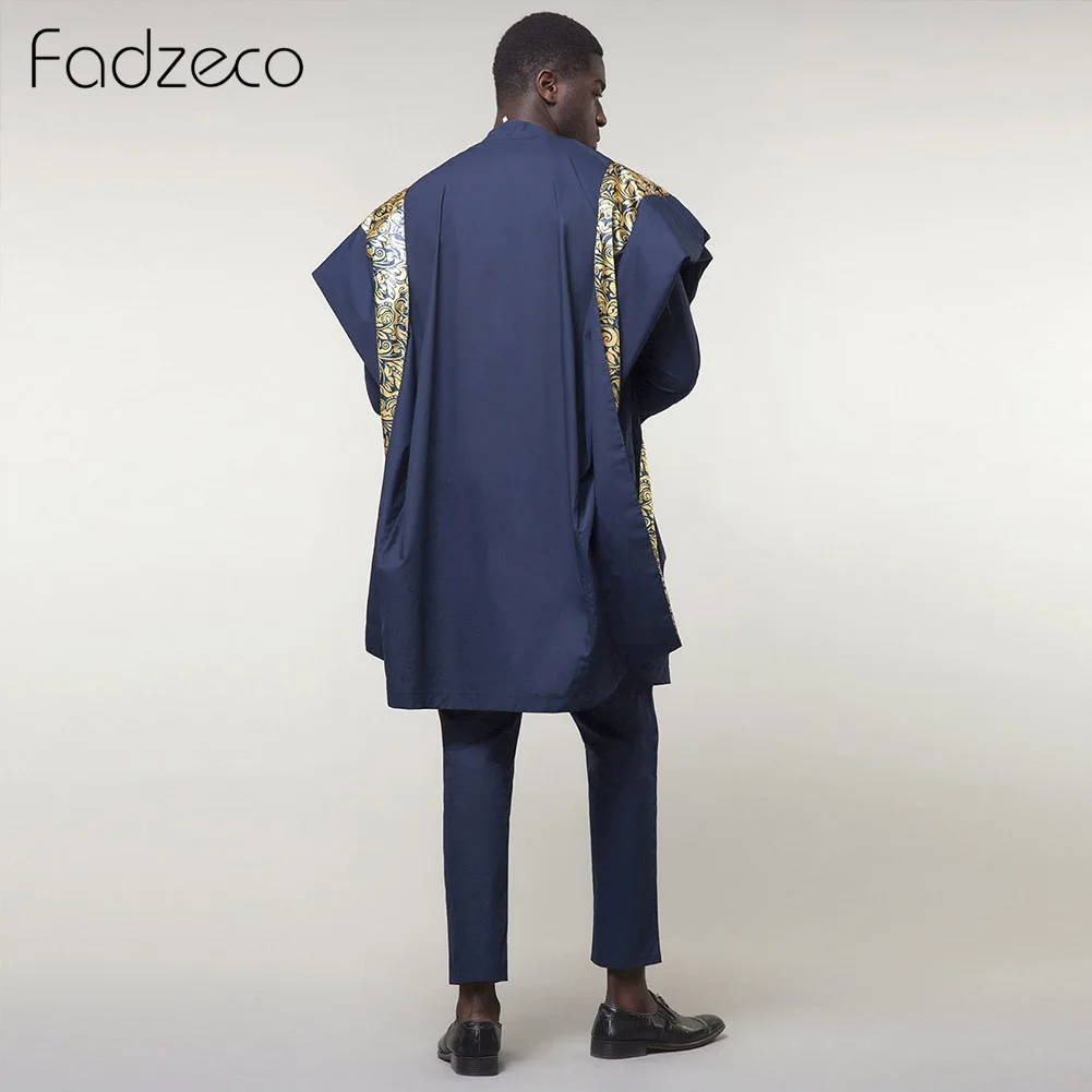 Fadzeco Agbada Мужская африканская одежда Дашики Национальный принт этнический Бизнес комплект из 3 предметов Темно-Синий Бубу африканские костюмы официальный наряд