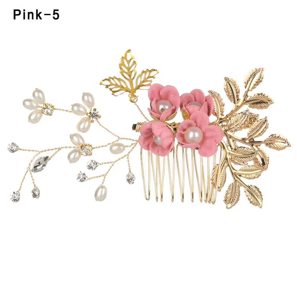pink5 Luxury Blue Flower Hair Combs Headdress Prom Bridal Wedding Hair Accessories Gold Leaves Hair Jewelry Hair Pins - Окраска металла: pink5