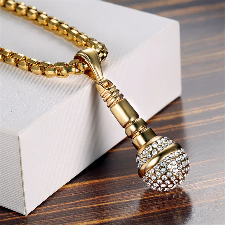 Хип хоп Iced Out Bling кулон микрофон ожерелье для мужчин золотой цвет нержавеющая