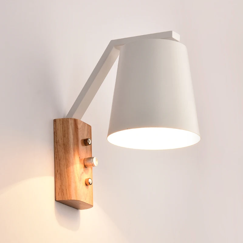 Modern Wooden LED E27 Wood Wall Lamp with White / Black Metal Shade Wall Sconce Wall Light Lamparas for Bedroom Bedside Aisle