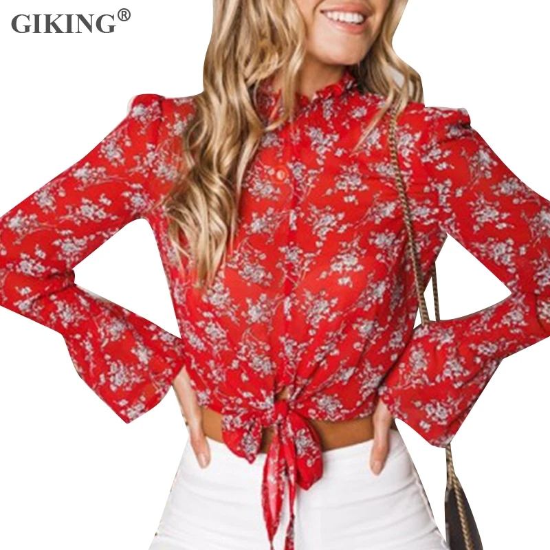 Giking/женские шифоновые рубашки Короткие топы повседневные блузы с длинным