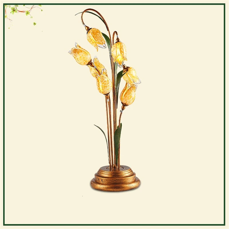 Винтажная классическая настольная лампа с цветами стеклянная прикроватная в