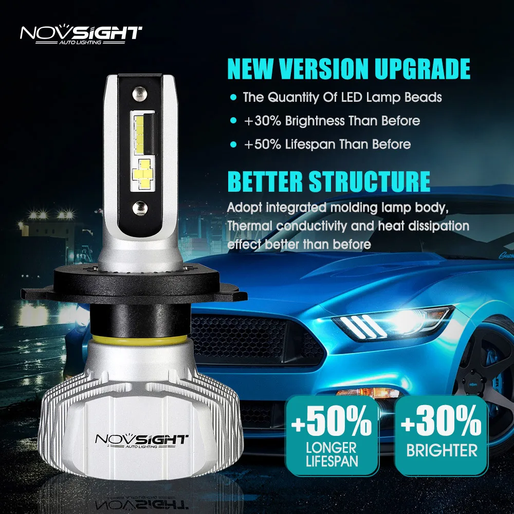 Лампы светодиодные NOVSIGHT для фар H1 H3 H4 H7 H8 H9 H11 H13 9005 9006 9007 дальнего/ближнего света