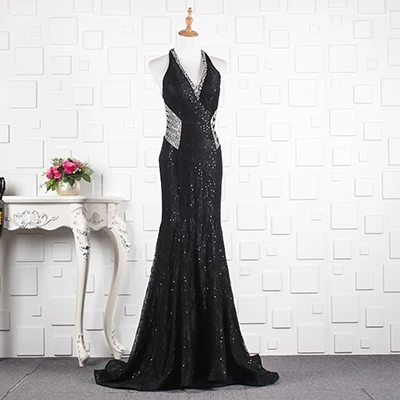 JANCEMBER Роскошные vestidos de noche Бисероплетение с кристаллами без рукавов цветочный принт Часовня Поезд Русалка новая одежда - Цвет: Черный