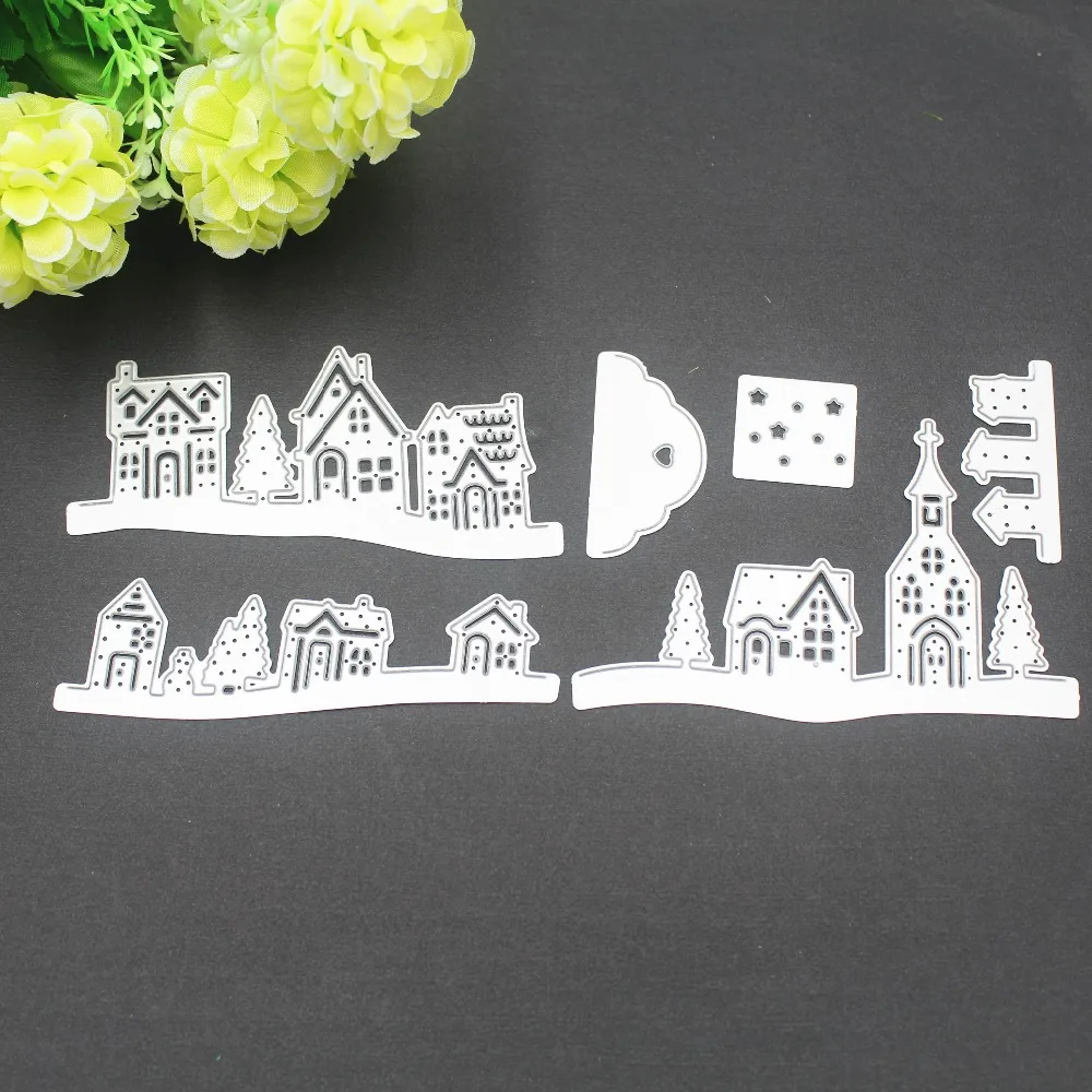 

Swovo 200*82mm Small village Metal Cutting Dies Stencil Decorative Scrapbooking Craft Embossing Dies for Making diy Paper Cards
