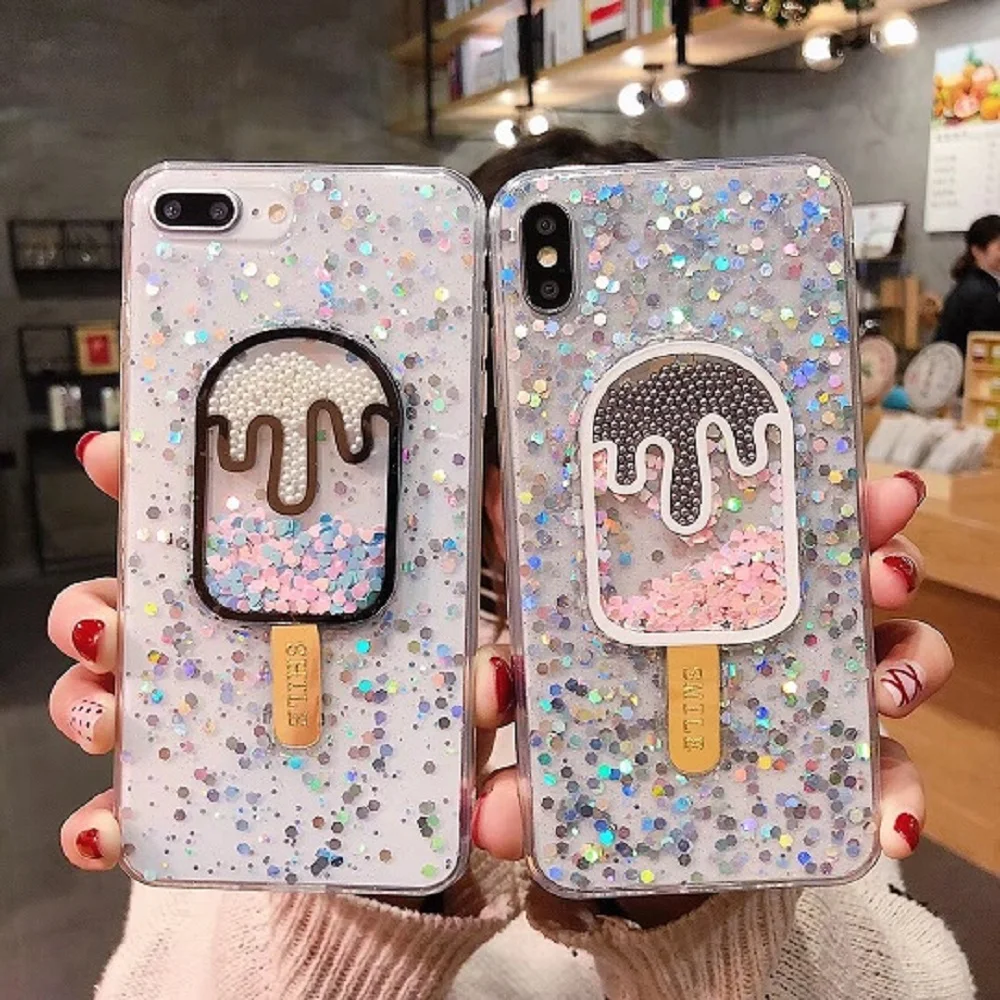Glitter Case With Ice Cream Patterned For iPhone 6/S 7 8 Plus X XR XS XSMAX Paillette Flow While Moving TPU Silicone Cover |