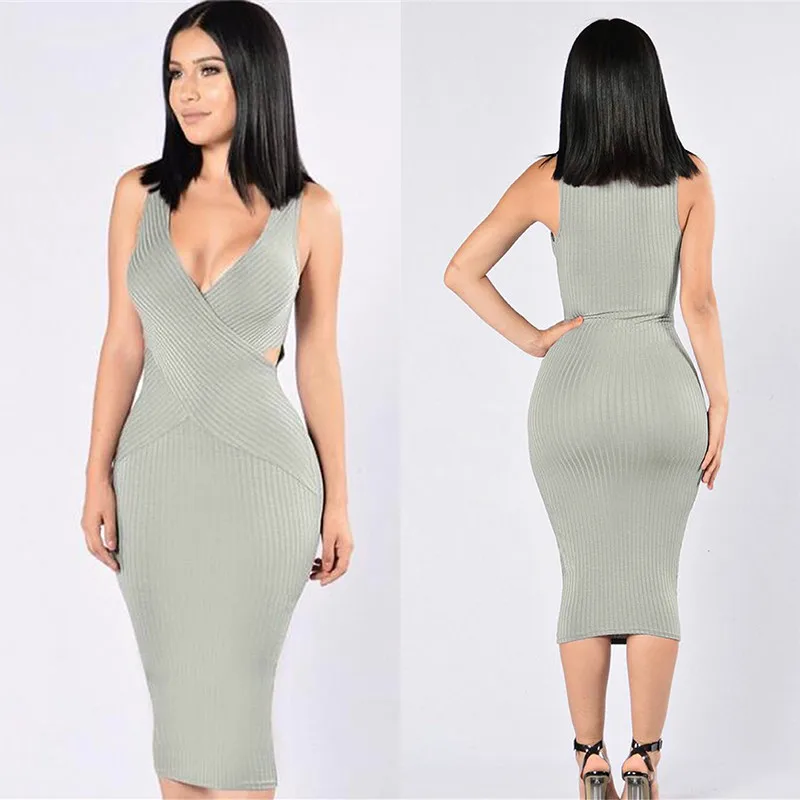 2017 Весна Хлопок Глубокий V Шеи Без Рукавов Трикотажные Вырезать Bodycon Бальные