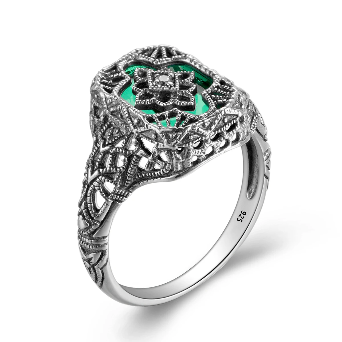 

Vintage Rose Flower Women Ring 925 Silver Jewelry With Emerald CZ Gemstone Cocktail Rings Retro Lady Party Jewlery Handmade Gift