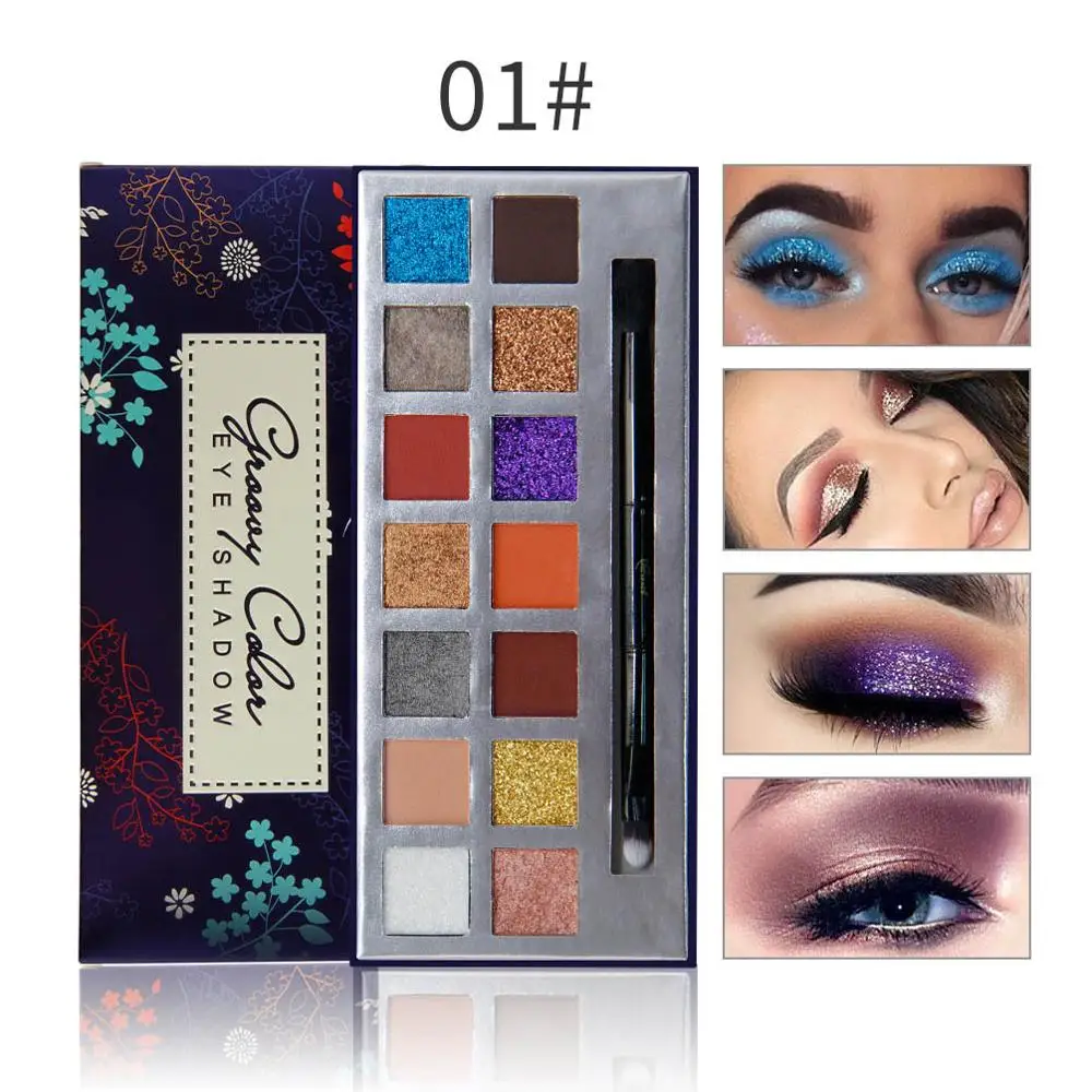 01 NICEFACE Pro блестящие тени для макияжа Палитра с кистью 14 цветов мерцающие матовые тени для век паллет набор косметики sombras - Цвет: 01