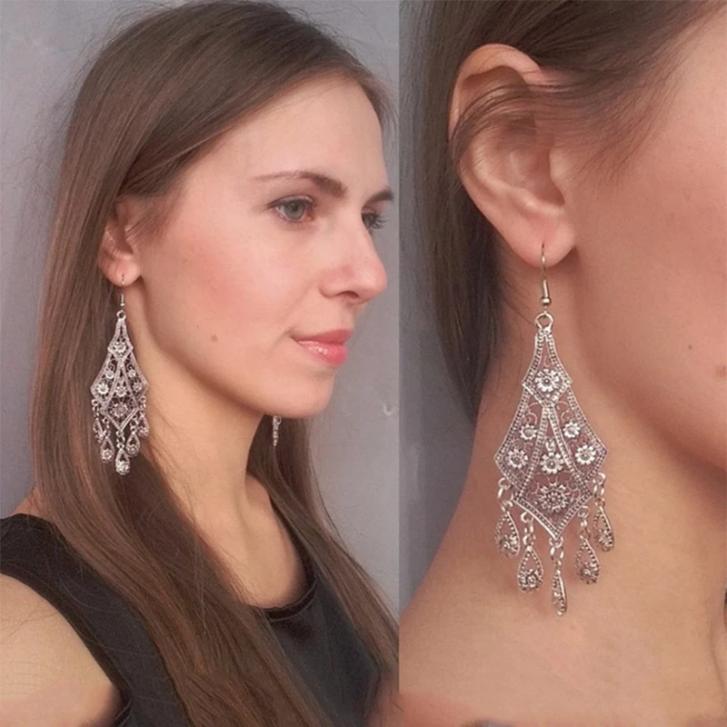 LiuXSPVintage капли воды этнические серьги кисточки вырезка полые цветок металла