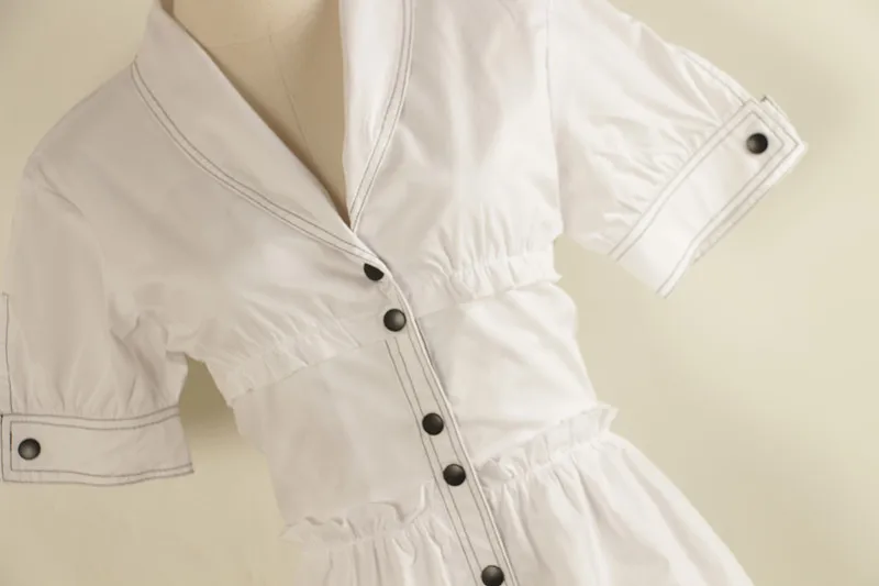 

2019 French Girl White Puff Sleeve V-neck Waist Retro Temperament Casual One-piece Dress