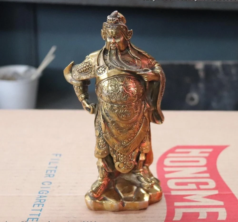9Chinese Folk Pure Brass Copper Dragon Guan Gong Yu Warrior Buddha Statue | Дом и сад