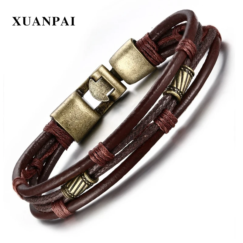XUANPAI Мужской винтажный кожаный браслет на запястье из коричневой веревки Masculino