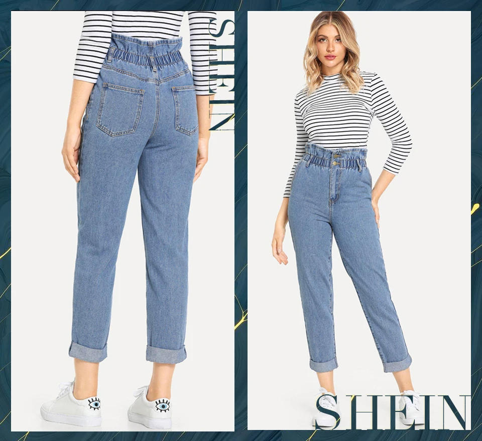 SHEIN Джинсы На Высокой Талии, Повседневные Стильные Джинсы С Подворотами
