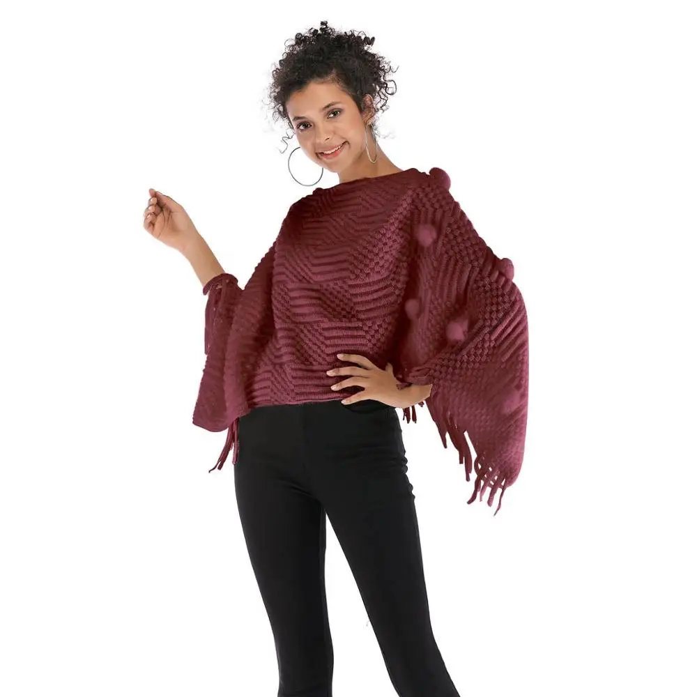 Women's V-Neck Fur Ball Shawl Cape Tassel Irregular Knitted Coat High Quality Free Size |