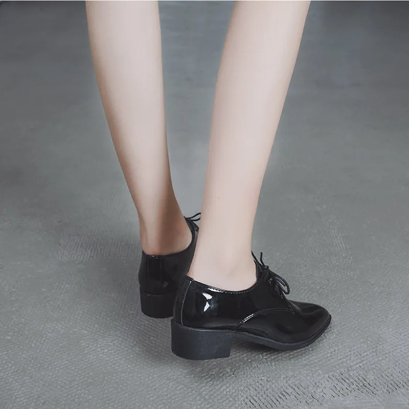 

British Style Patent Leather Oxford Shoes For Women Spring Low Heel Work Pointed Toe Oxfords Casual Lace-up Flats Zapatos Mujer