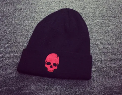 Трикотажные Для мужчин зимние Шапки кардиган Skullies шапочки Бонне шапки панк череп Модные принты Шапки Повседневное casquette de marque - Цвет: Красный