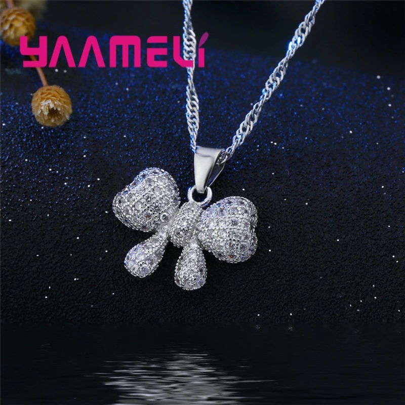 

Fahion Style 925 Sterling Silver Necklace&Earrings Sets Sweet Romantic Style Bow Cute For Girl Best Birthday Present