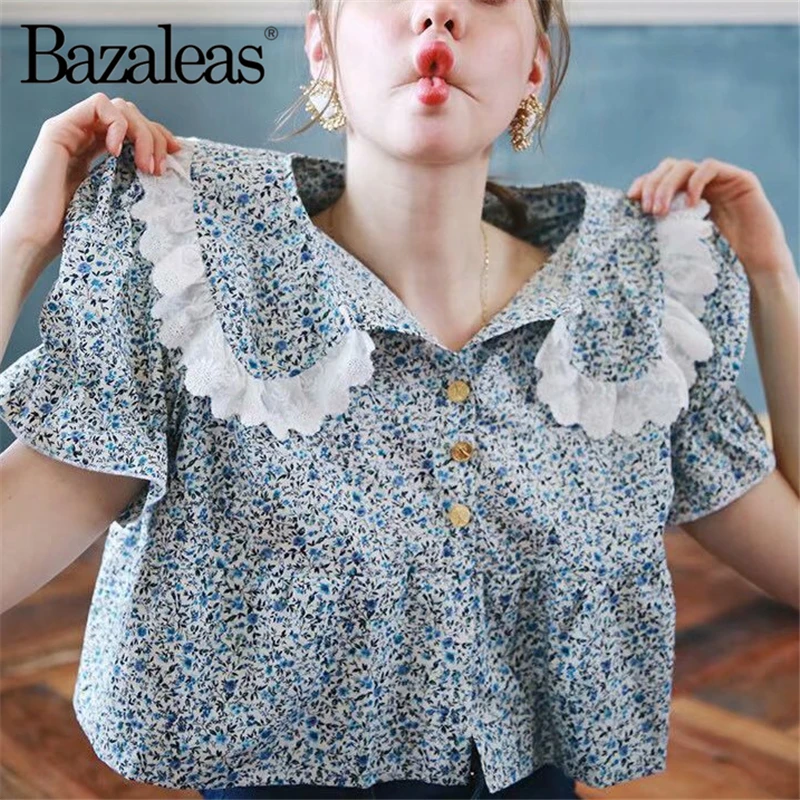 Bazaleas винтажные кружевные лоскутные женские топы blusas шикарный цветочный принт
