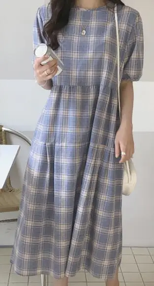 Синий Women Summer Long Plaid Straight Dress Vestidos High Waist Blue Casual Maxi Robe Femme Loose Sukienki Sommerkleid Jurken - Цвет: Синий