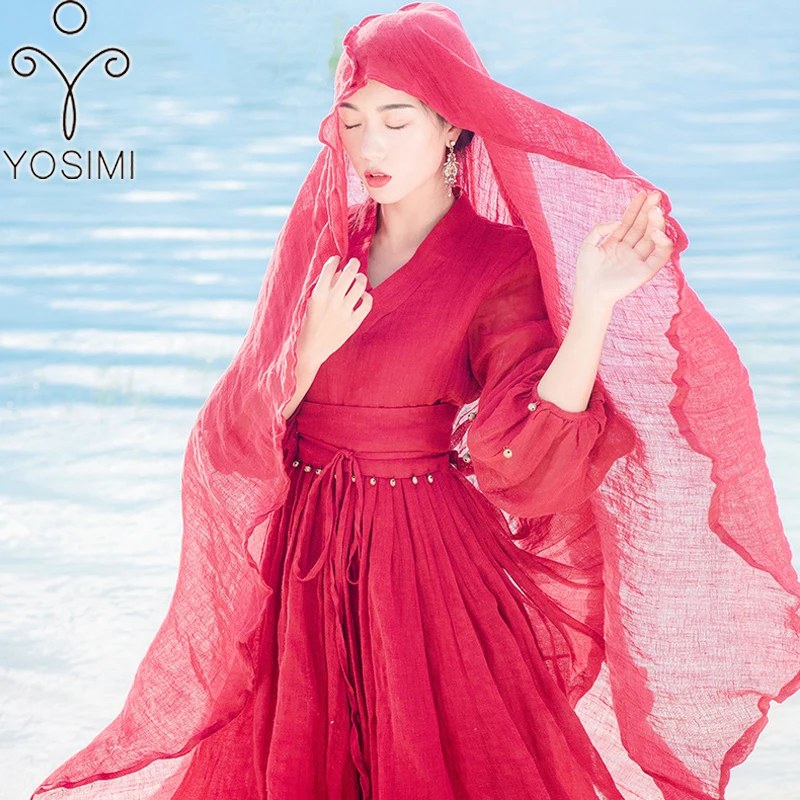 YOSIMI весеннее летнее длинное женское платье из хлопка, винтажное платье с О-образным вырезом, шикарное платье с длинным рукавом, длинное платье до щиколотки