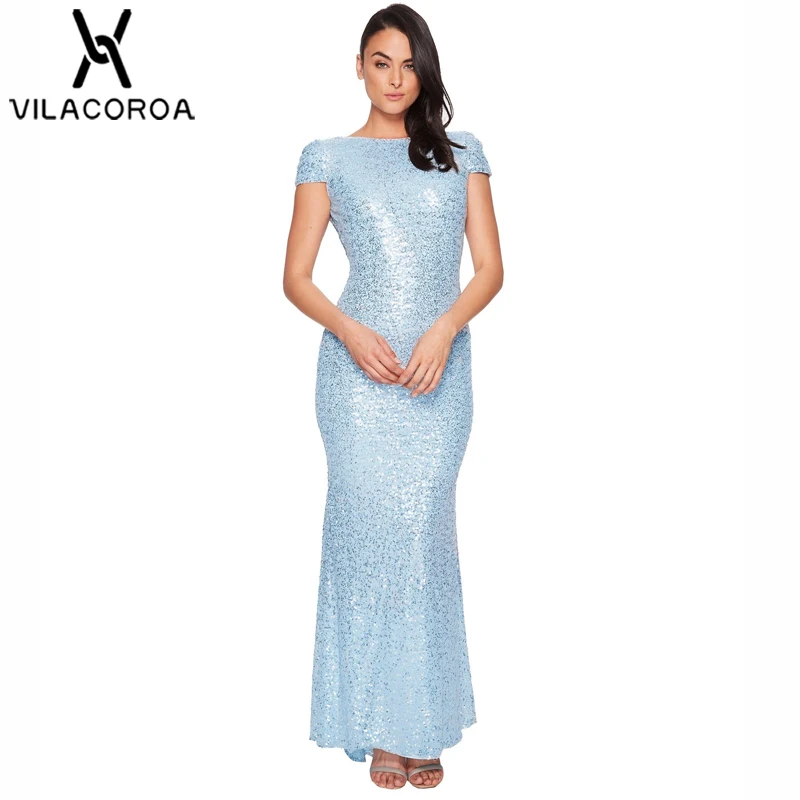 Элегантное Сексуальное женское платье с блестками, Vestidos, круглый вырез, короткий рукав, открытая спина, рыбий хвост, Длинные вечерние платья для женщин, vestidos de fiesta