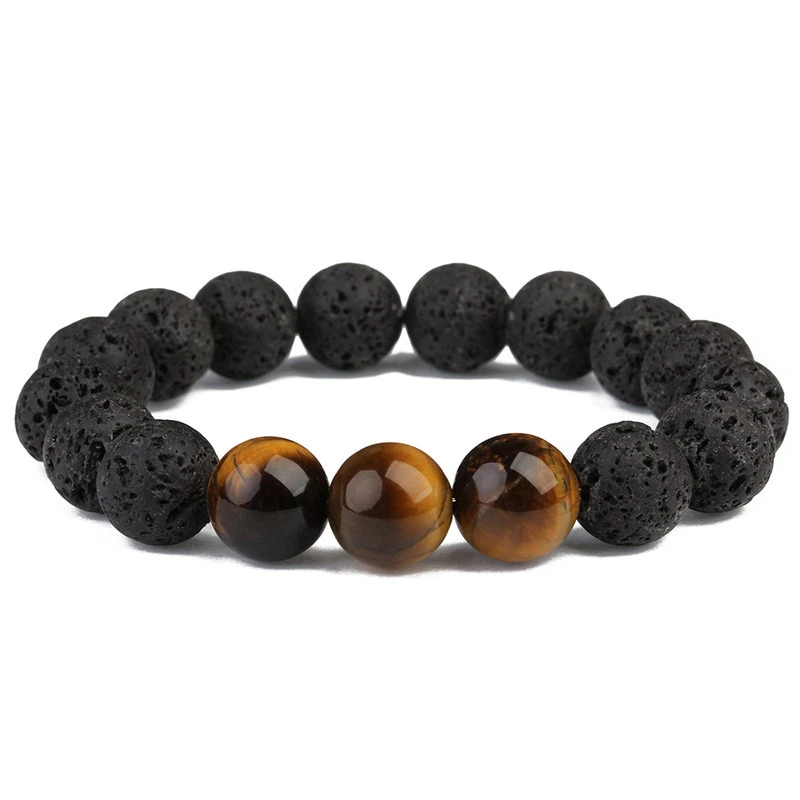 

Natural Stone bead Wholesale Black Volcanic Lava Stone Tiger Eye 12mm Beaded bracelet For Men Fashion personality Jewelry Lol