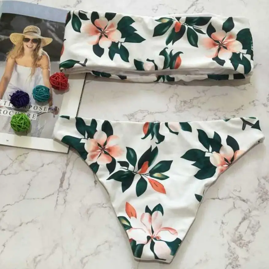 KLV Women New Floral Off The Shoulder Bikini Set Sexy Low Waisted Brazilian Swimsuit Bathing Suit Swimwear #a25 | Женская одежда