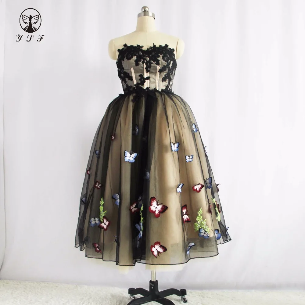 

Fashion Off the Shoulder Sleeveless Appliqued Lace Butterflies Tea Length Prom Dresses 2017