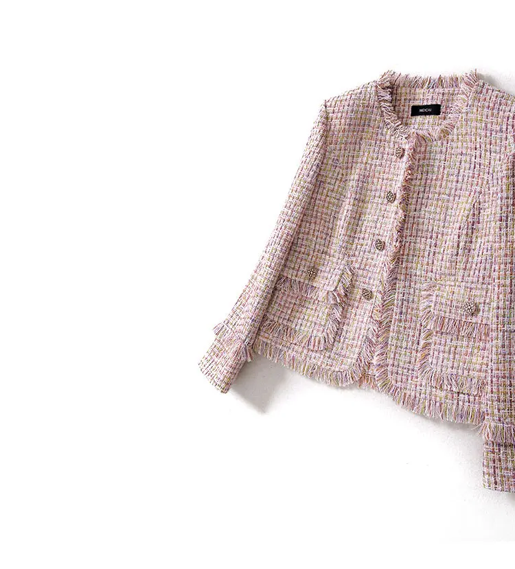 jacket Новинка года, весенне-осенняя розовая клетчатая твидовая куртка, кнопка в виде бриллианта, спереди, с кисточками, официальная верхняя одежда+ ТРАПЕЦИЕВИДНОЕ ПЛАТЬЕ, костюм, комплект из 2 предметов - Цвет: jacket