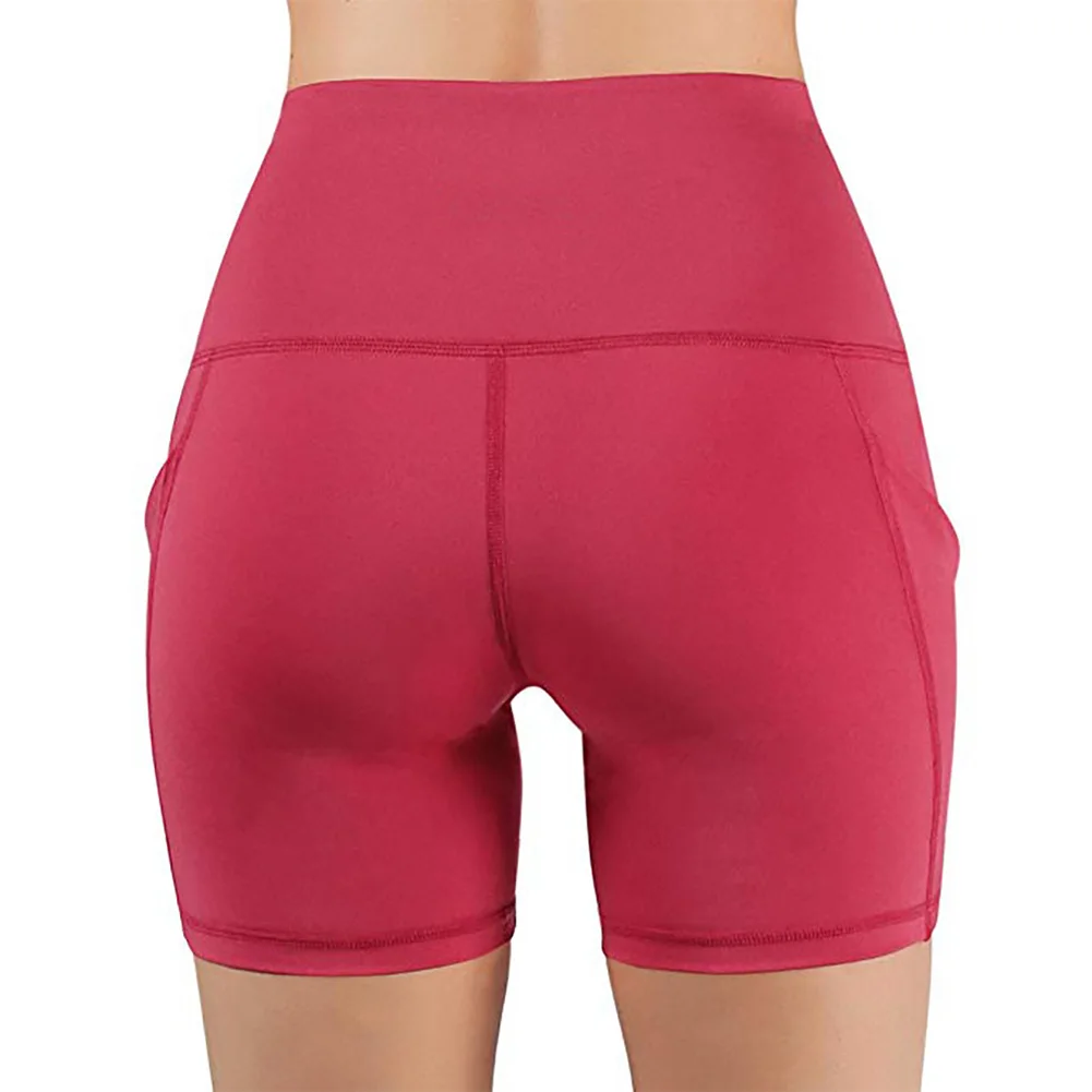 Women Elastic Quick Dry Summer Slim Fit Sports Yoga Shorts With Pocket Soft Gym Solid Sweat Absorbing High Waist Workout Tights